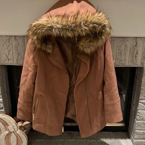 Michael Kors coat w faux fur hood and gold zipper and buttons